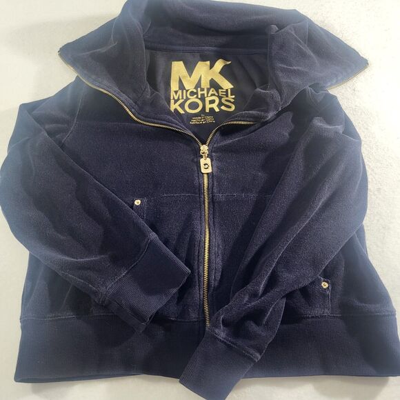 New Michael Kors Velvet Full Zip Jacket Extra Large Navy Blue Logo Pockets - Picture 1 of 6